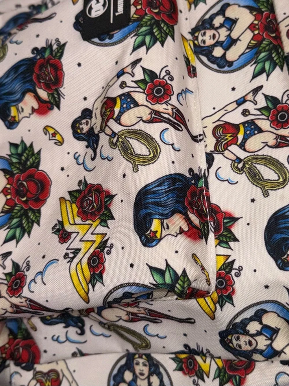 Loungefly DC Wonder Woman Tattoo Print Backpack Cream Red Black